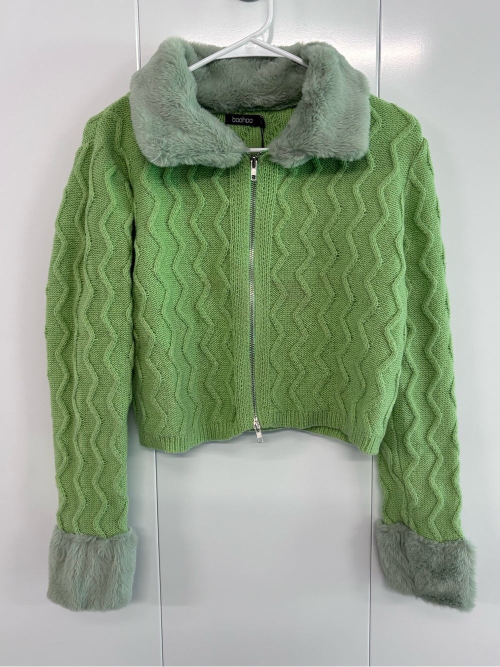Boohoo Green Knit Zip Up Cardigan w/ Faux Fur Collar & Cuffs Size M Y2K NWT